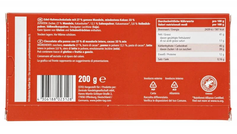 Jeden Tag Edel-Rahm Mandel Schokolade 4 Jeden Tag Edel-Rahm Mandel Schokolade – Bild 2